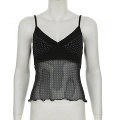 Hnewly Goth Dark Fashion Polka Dot Print Straps Tanks Top Cyber Y2K Mesh See Through V-neck Crop Tops E-girl Slim Streetwear Mall Camis