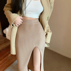 Hnewly skirt outfits winter Sexy Split Bodycon Long Skirt Women Elegant Slim Fit High-Waisted Knitted Skirts Woman Autumn Winter Package Hip Midi Skirt
