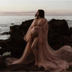 Hnewly Sheer Tulle Maternity Gown – Long Sleeve Formal Evening Dress for Photoshoot, Elegant Robe Dress