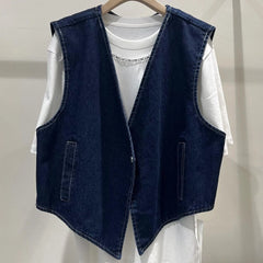 Hnewly Denim Vest Jacket For Women Spring Autumn 2025 New One Button Sleeveless irregular Coat Girls Summer Loose Versatile Top