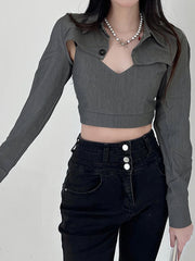 Hnewly BACK TO SCHOOL 2 pieces Print Camis and Crop Top Tee Streetwear Sexy Korean Fashion Y2K Long Sleeve T Shirt Women Fairy Grunge Clothes