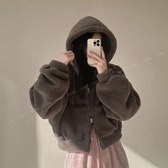 Hnewly Hooded Hoodies Women Winter Thicker Coats Solid Korean Style Zipper Lambswool Jackets Soft Streetwear Loose Harajuku Chic Girl