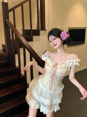 Hnewly Sweet Kawaii 2 Piece Skirt Sets Women Casual Y2k Corset Tops + Lace Mini Skirts Japanese Lolita Suits Female Elegant Clothing