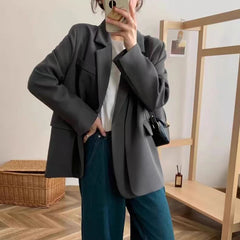 Hnewly Autumn Grey Blazers for Women Y2K Fashion A Button Office Ladies Casual Coats Korean Loose Streetwear All Match Suit Outerwear