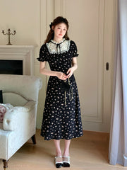 Hnewly French Elegant Floral Print Dress Women Casual Lace Patchwork Short Sleeve Black Dress Evening Party Korean Fashion Clothing