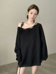 Hnewly Off Shoulder Y2K Sweatshirts Women Leopard Lace Up Loose Pullovers Streetwear American Long Sleeve Casual Female Retro Tops