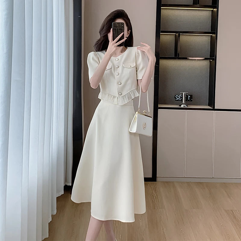French Vintage Solid Womens Midi Dress Short Sleeve O-neck Elegant Slim Summer Fashion Office Ladies Two Piece Set Clothing