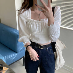 Hnewly Long Sleeve Blouse Women Sexy Ladies Sweet Square Collar Plaid New Design Korean Fashion Slim Casual Edible Tree Fungus Hot Sale