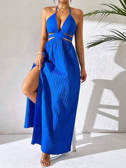 Hnewly Royal Blue Halter Neck Maxi Dress With A-Line Silhouette Thigh Slit Sleeveless Pleated Cutout