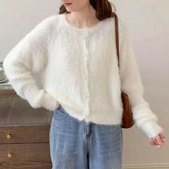 Hnewly Flower Button Fuzzy Knit Sweater Cardigan Warm Fluffy Button-up Crop Sweater Jacket Knitwear Teen-girl Fall Winter Cute Outfit