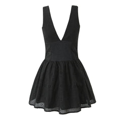 Lunivop Summer Sexy Hollow Out Hole Deep V neck Tank Dress Women Open Buttons Slim Waist Folds Hem A-lined Sleeveless Dresses Vestidos