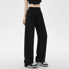 Hnewly Spring Autumn High Waist Straight Suit Pants Women Korean Style Loose Wide Leg Trousers Woman Pocket Solid Pants Office Ladies