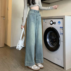 Hnewly Vintage High Waist Straight Jeans Women Autumn Pockets Wide Leg Pants Woman Korean Streetwear Slimming Denim Trousers Mujer