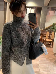 Hnewly Women Zip Up Sweater High Neck Zipper Front Knit Cardigan Sweater Jacket Ladies Autumn Winter Korean Fashion Outfit