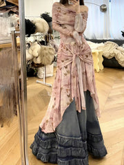 Hnewly Summer French Retro Print Midi Dress Female Casual Irregular Denim Vintage Y2k Dress Women Korean Fashion Evening Party