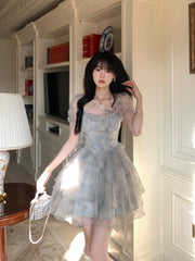 Hnewly Summer Fashion Dresses 2024 French Elegant Dresses For Women Princess Puff Sleeve Bowknot Dresses Mesh Fantastic Fairy Dress