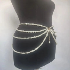 Hnewly Retro Y2K Waist Chain Multilayer Pearl Tassel Body Accessories Character Playing Women Belt Party