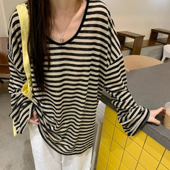 Harajuku Y2k Top Black Apricot Striped T-Shirt 2024 Autumn Baggy Casual Long-Sleeved Top Woman Clothes Grunge Korean Fashion