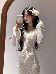 Hnewly Elegant French 2 Piece Skirt Set Women Autumn Y2k Long Sleeve Blouse + Midi Skirts Vintage Suits Korean Fashion Bodycon