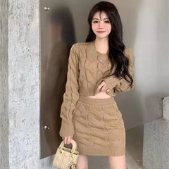 Hnewly Two Piece OF Pullover Autumn/Winter Knitted Sweater Set Pure Desire Short Sweater Sexy Spicy Girl Arm Wrap Skirt Sweater Female