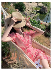 Hnewly Women's Pink Floral Print Ruffled Wrap Dress