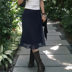 Hnewly Elegant Mesh Striped Print Midi Skirt Cute Bow Stitching Low Rise Straight Skirts for Women Vintage 2000s Clothing Summer
