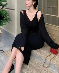 Hnewly DRESS TO IMPRESS Autumn Casual Knitting 2 Pieces Set Women Knitted Cardigan + Backless Sexy V-neck Strap Dress Female Korean Party Chic Suit