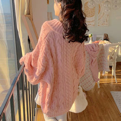 Hnewly Pink Kawaii Oversize Knitwear Sweaters Women Sweet Cute Big Bow Pullovers Autumn Winter Keep Warm Lantern Sleeve V-Neck Sweater