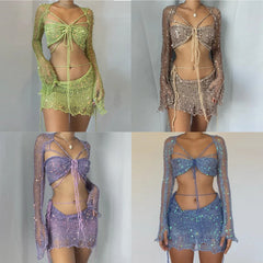 Hnewly Crochet Knitted Dress Two Piece Skirt Sets Summer Women Clothes Sexy Crop Tops Elegant Knit Sequin Dress 2 Piece Set Outfit