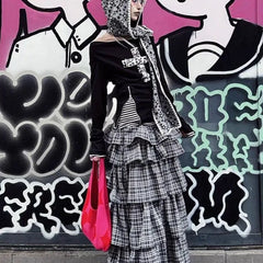 Hnewly Gothic Y2k T-shirts Women Japanese Harajuku Striped Long Sleeve Tops Grunge Vintage Punk Streetwear Fake Two Pieces