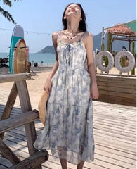 Hnewly Dresses Women Sleeveless Floral Printed Bandage Slash Neck French Style Summer Fashion Female Dress Holiday Casual