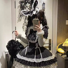 Hnewly Lolita Style Cosplay Cute Short Sleeve Dress OP Original Summer New Bow Lace Stitching Girl's Women's Kawaii Striped Dress Set