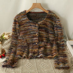 Hnewly Vintage Stripe Long Sleeve Sweater Women Autumn/Winter 2025 New Soft Loose Short Knitted Cardigan O-Neck Single Breasted Top