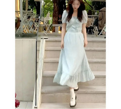 Hnewly Women Dress Vintage Puff Short Sleeve Square Collar Bandage Ruffles Patchwork French Style Chic Dresses Female Casual