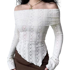 Hnewly y2k Lace Top Women Coquette Clothing See Through Off Shoulder Long Sleeve T Shirt 2000s Fairycore Clothes Streetwear