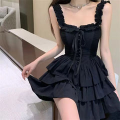Hnewly Gothic Black Sexy Slip Dress Y2K Harajuku Streetwear Punk Lace Up Cake Dress Female Summer Korean Fashion Party Ruffles Dresses