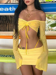 Hnewly Y2K Aesthetics Sexy Co-ord Sets Yellow 2000s Clubwear Off Shoulder Flare Sleeve Crop Tops and Micro Skirt 2 Piece Suits