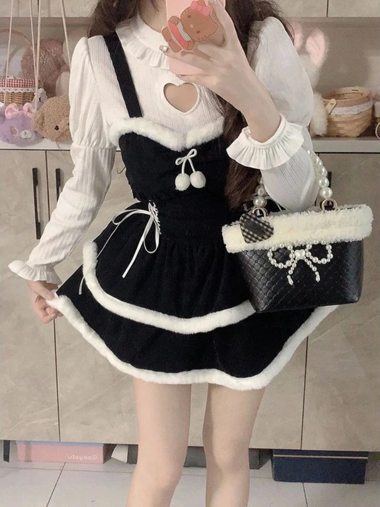 Winter Sweet Y2k 2 Piece Dress Set Women Hollow Out Knitted Tops + Kawaii Mini Dress Female Korean Fashion Lolita Cute Suit 2024