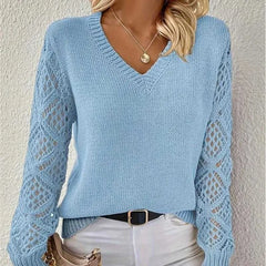 Hnewly Long Sleeve Pointelle Knit Top Pullovers Women Sweater Openwork Long Sleeve V-neck Jumper Fall Winter Blusas Para Mujer Outfit