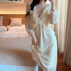 Hnewly Autumn Sexy Backless Long Fairy Dress Women Ruffles Chic Elegant Korean Style Dress Female Casual V-neck Mesh Lace Dresses