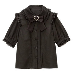 Hnewly Japanese Kawaii Lapel Neck Bow Shirts Women Summer Short Sleeve Lace Lolita Blouses Y2k Grunge Heart Button Blusas Mujer