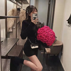 Hnewly Two Piece OF Pullover Autumn/Winter Knitted Sweater Set Pure Desire Short Sweater Sexy Spicy Girl Arm Wrap Skirt Sweater Female