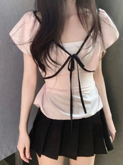 Hnewly Fashion Sweet Patchwork Women T-Shirts Y2k Bow Bandage Korean Style V-Neck Slim Fit Blouses