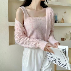 Hnewly Two Piece Sets Womens Outifits Autumn New Knitwear Cropped Cardigans + Tanks Simple All-match Korean Style Ins Young Girls Solid