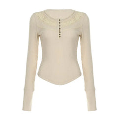 Hnewly Elegant Vintage Lace Patchwork O-neck T-shirts Y2k Slim Fit All-match Top for Women 2025 Spring New Long Sleeve Tee Shirt