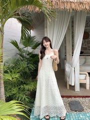 Hnewly Vintage Embroidered Women Camis Dress Korean Chic Spaghetti Straps Midi Dress Y2K Ladies Elegant Beach Party A Line Dress