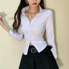 Hnewly 2025 spring fashion trend Y2k White Women Crop Shirts Korean Sexy Slim Long Sleeve Female Casual Blouse Autumn New Office All Match Button Ladies Tops