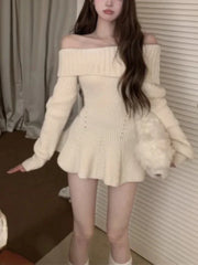 Hnewly trashy outfits Women Sweater Sweet Slash Neck Off Shoulder Ruffles Autumn Winter Slim Stretch Elegant Knitted Tops Ladies Pullover