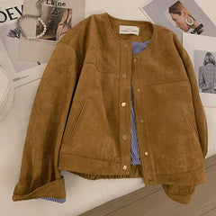 Hnewly Suede Short Jacket Women Korean Camel Fashion Long Sleeve Flight Suit Harajuku Single Breasted Loose Tops Female Vintage Coats
