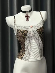 Hnewly Leopard Print Lace Camisole Women Y2K Sexy V-neck Sleeveless Bralette Floral Slim Fit Christmas Aesthetic Winter Wear Vest Soft